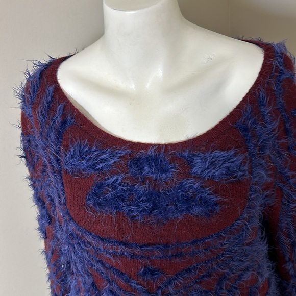 MOTH Chenille Abstract Intarsia Knit Pullover Sweater Maroon Blue Anthro Sz L - Picture 3 of 11